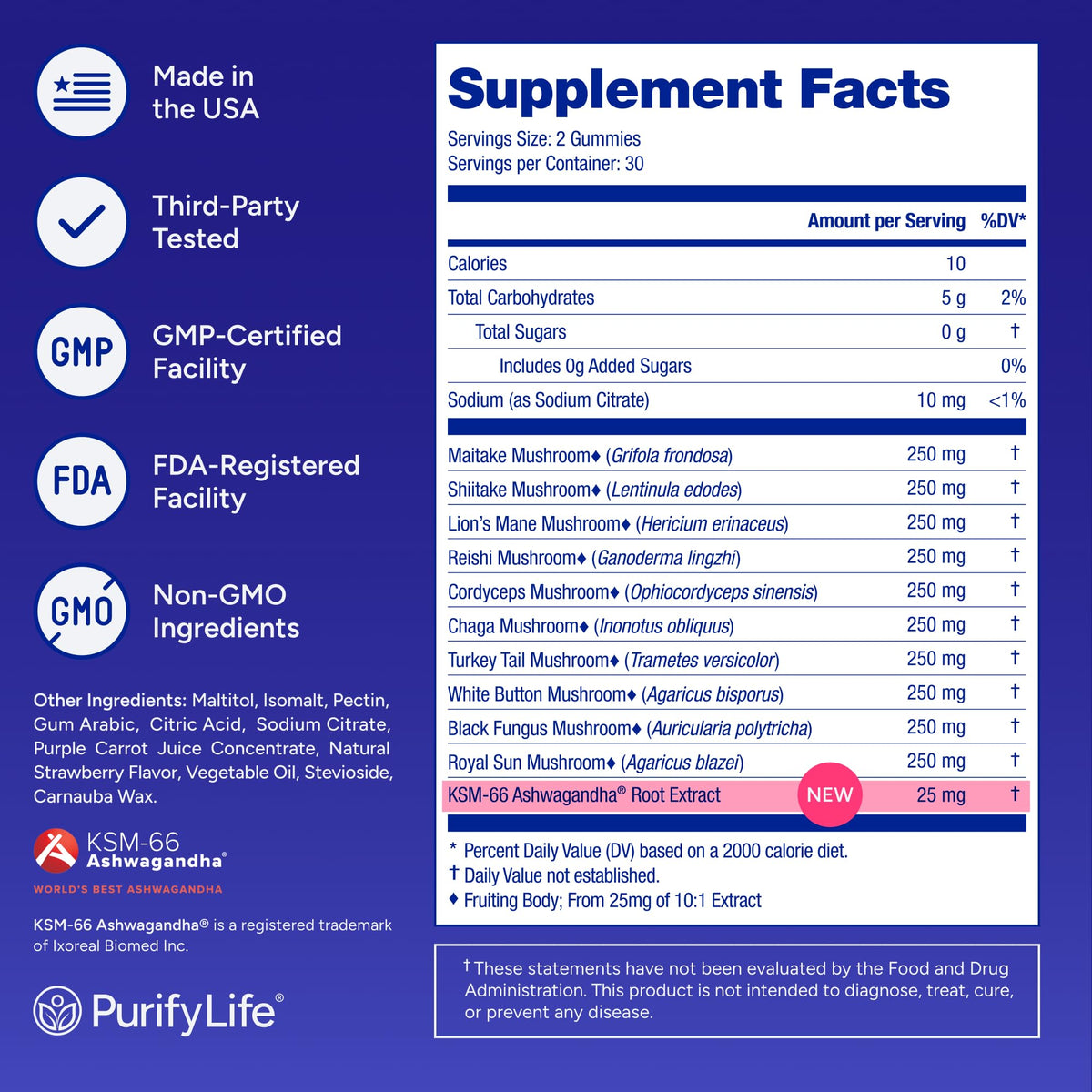 Présentation des gummies champignons Purify Life à côté d'autres compléments