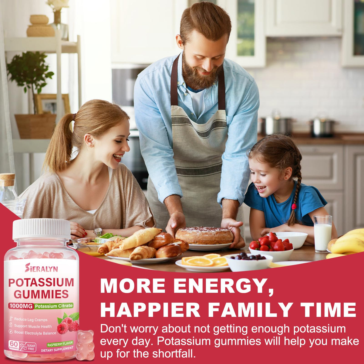 Présentation des gummies de potassium Sieralyn sur une table de cuisine