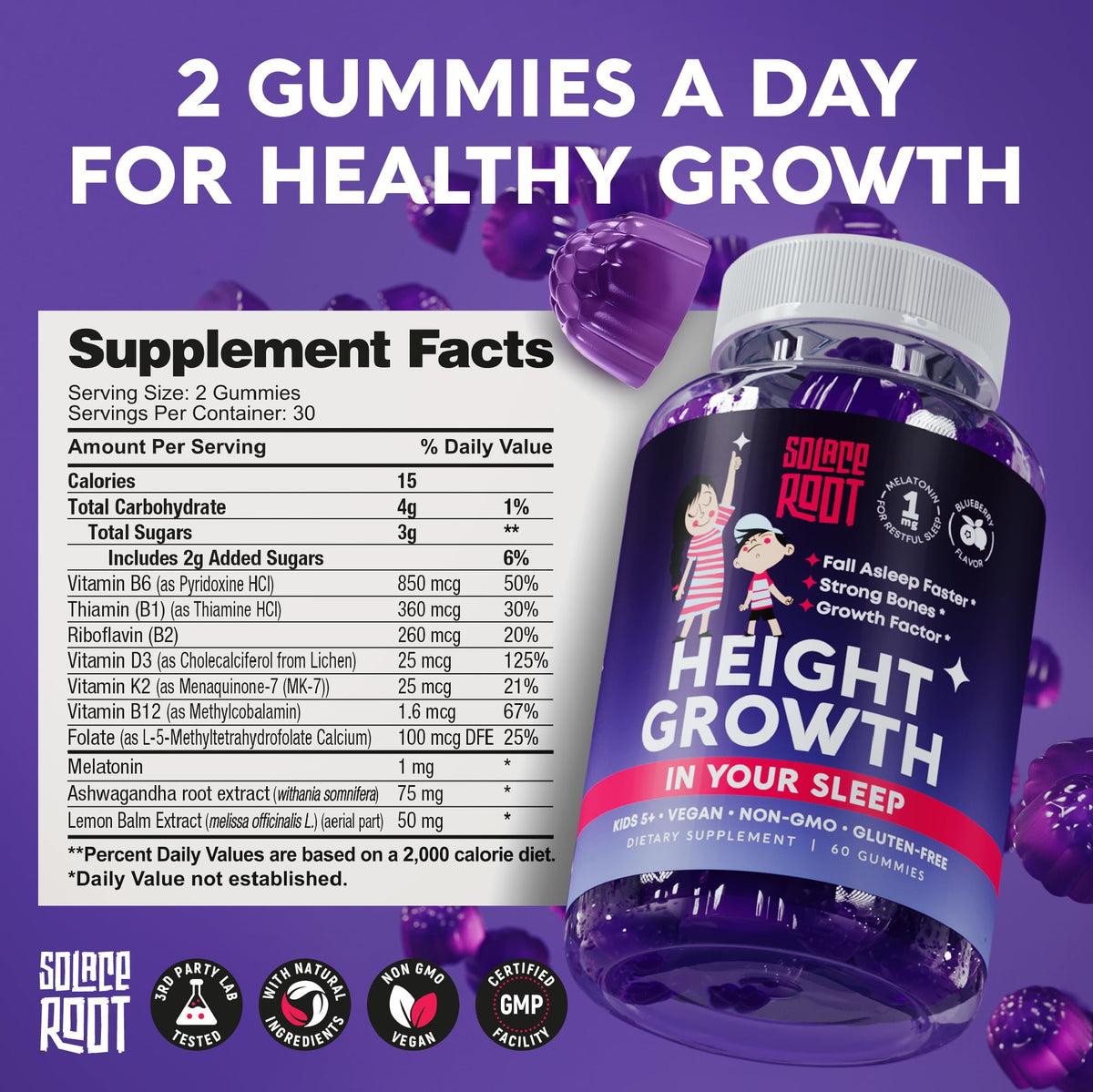 Présentation des gummies SOLACEROOT avec des éléments de routine nocturne