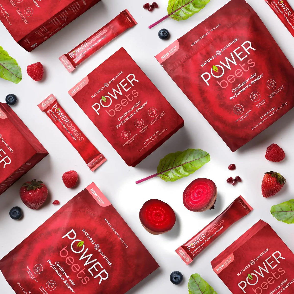 Présentation des sachets Power Beets sur une table