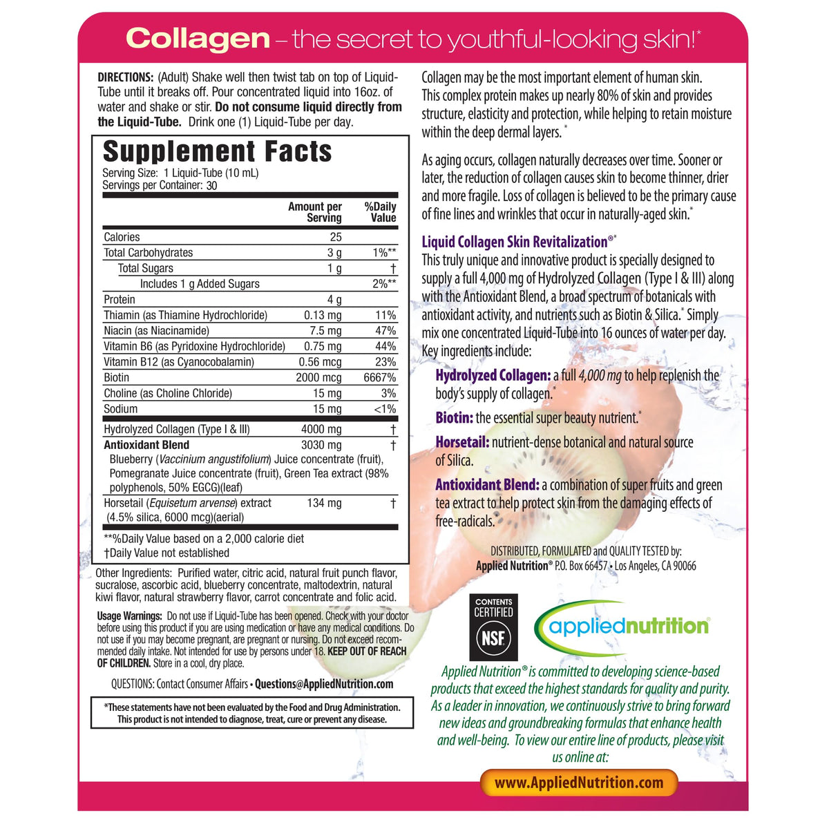 Présentation des tubes de collagène liquide Applied Nutrition