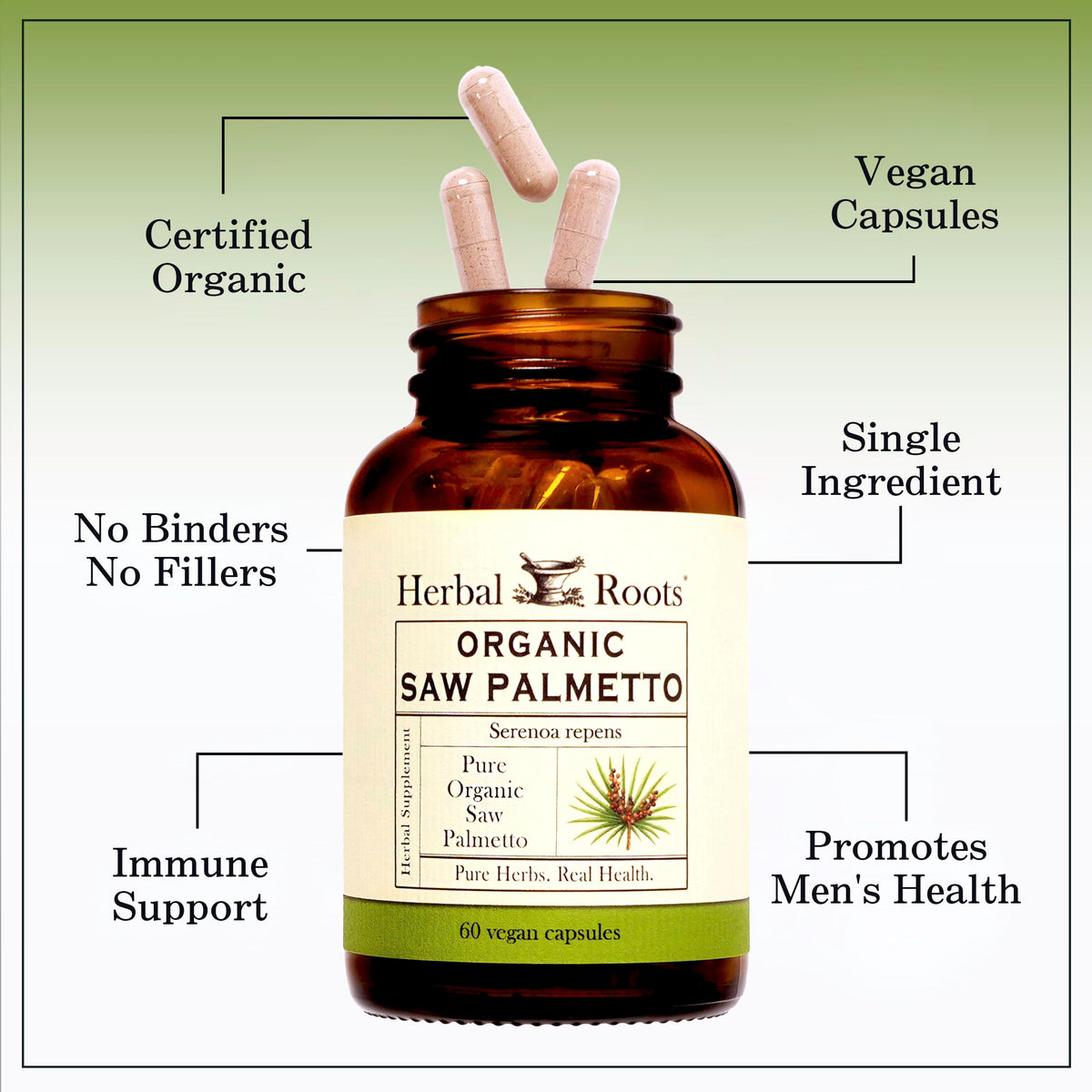 Présentation du complément Herbal Roots Saw Palmetto à côté d'un verre d'eau