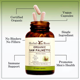 Présentation du complément Herbal Roots Saw Palmetto à côté d'un verre d'eau