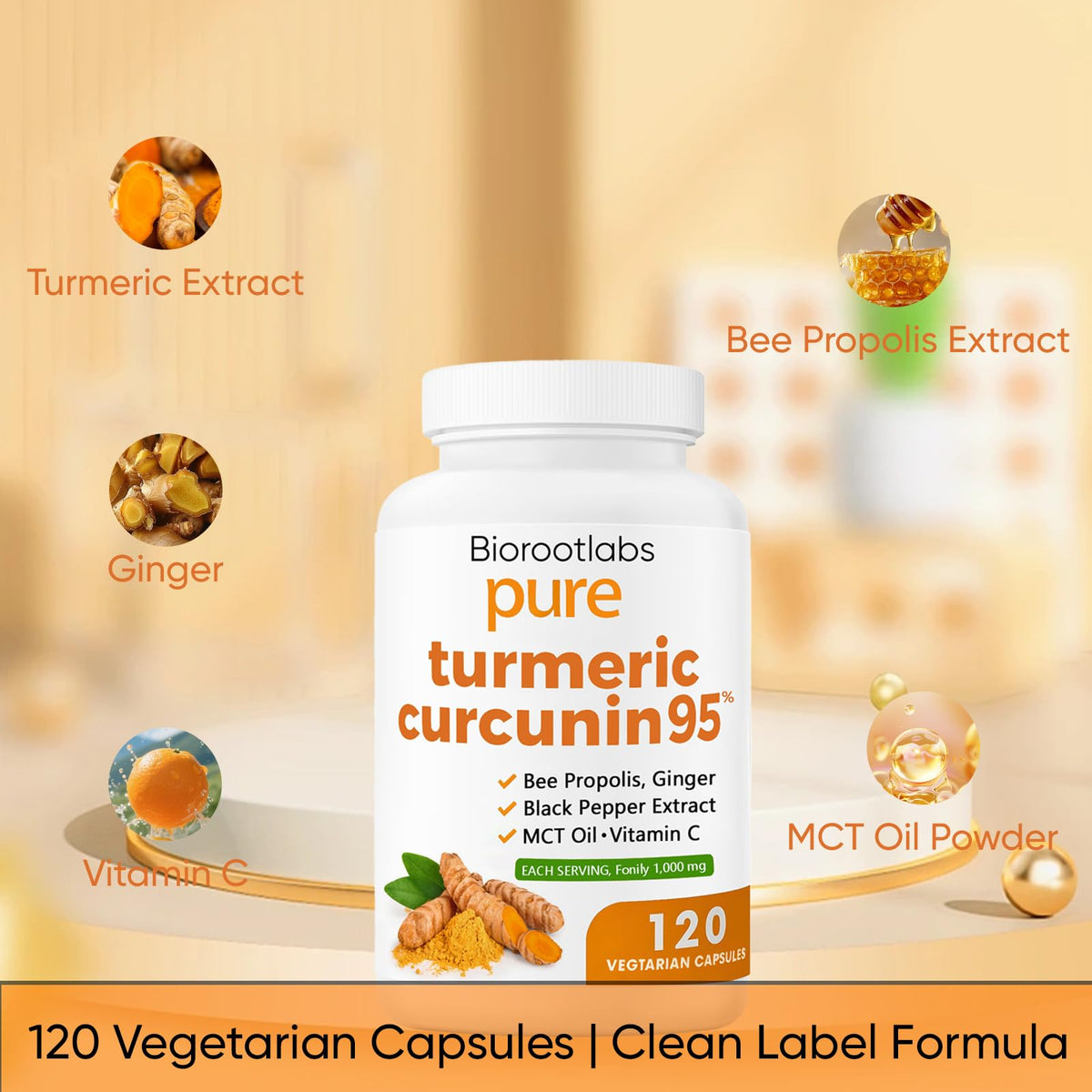 Présentation du flacon de complément alimentaire curcuma sur une table