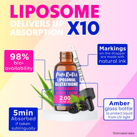 Présentation du flacon de PureRootss Liposomal Glutathione sur une table