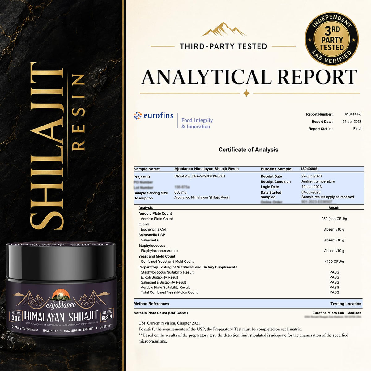 Présentation du flacon de résine de shilajit Ajoblanco ouvert