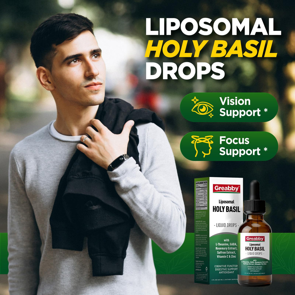 Présentation du flacon GREABBY Basilic Sacré sur un fond neutre