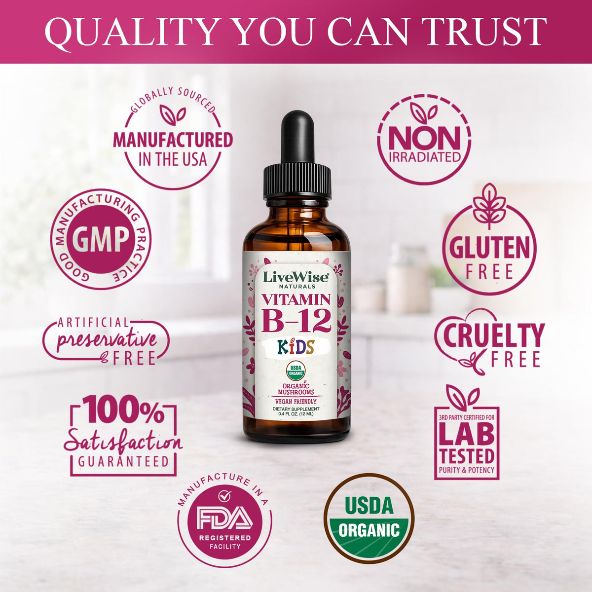Présentation du produit Vitamine B12 liquide pour enfants, avec fruits en arrière-plan