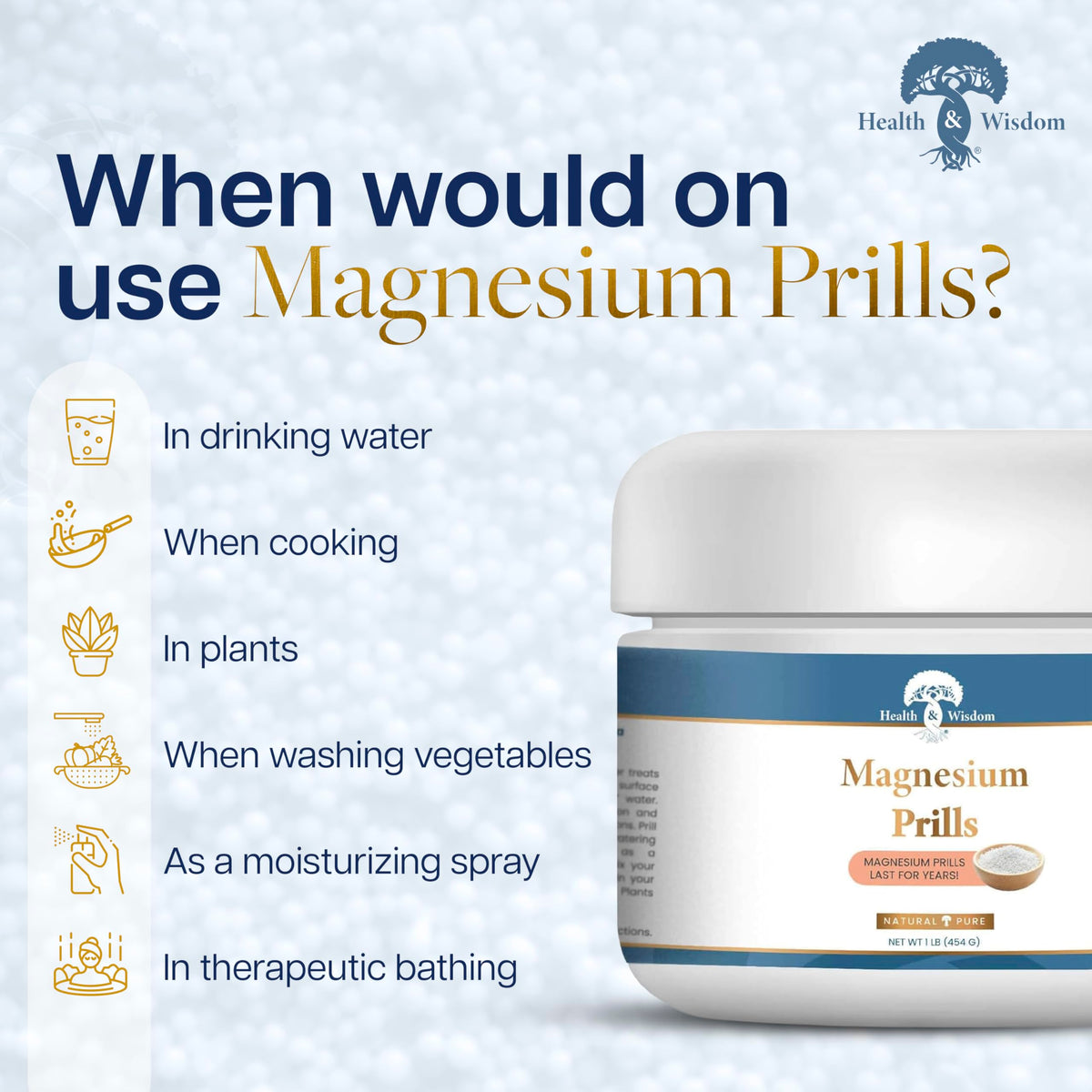 Prills de Magnésium Health and Wisdom en utilisation dans l'eau