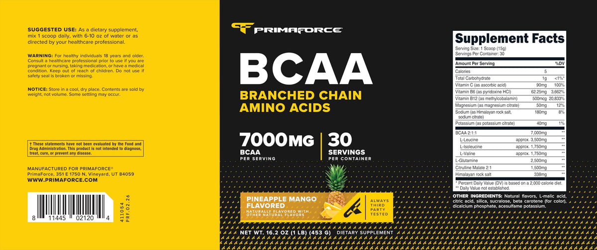 Primaforce BCAA Poudre Ananas Mangue étiquette détaillée