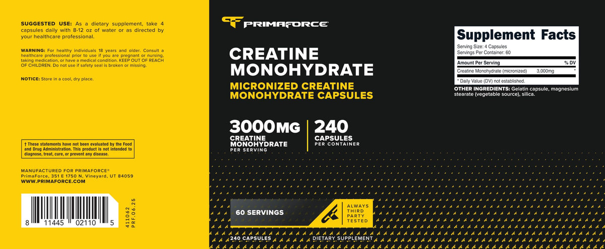 Primaforce Créatine Monohydrate Capsules sur fond blanc