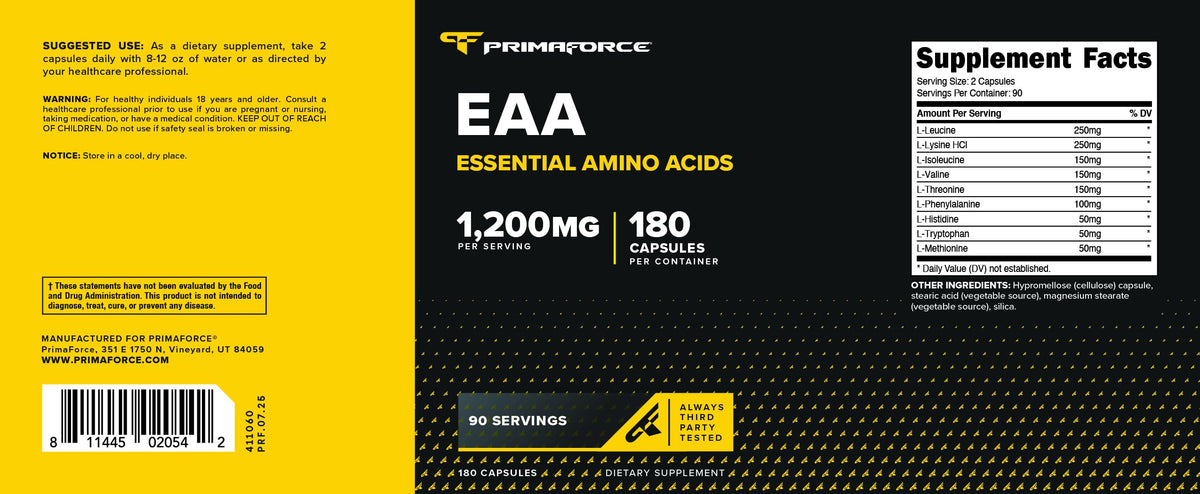 Primaforce EAA 1200mg bouteille ouverte montrant les capsules