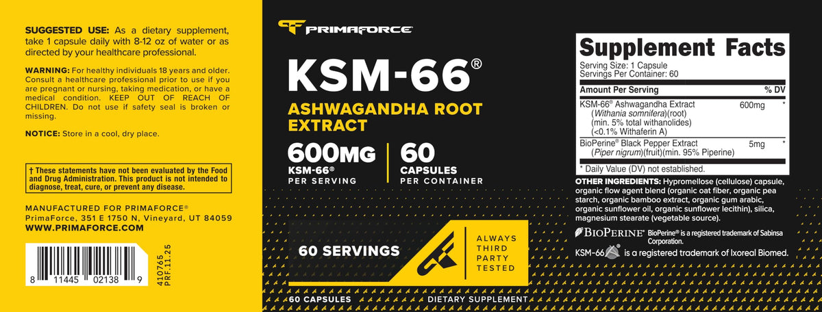 Primaforce KSM-66 Extrait de Racine d'Ashwagandha 600mg étiquette détaillée