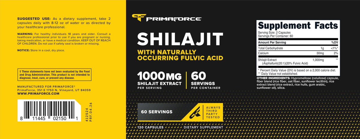 Primaforce Shilajit avec capsules à côté sur une table
