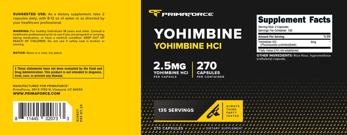 Primaforce Yohimbine HCl 2,5mg avec informations nutritionnelles