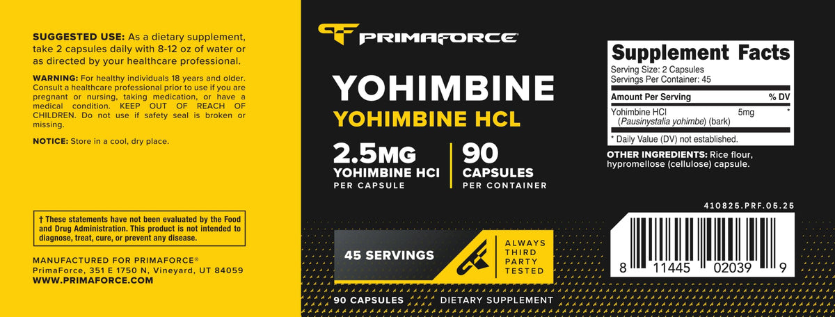 Primaforce Yohimbine HCl 90 capsules avec un verre d'eau