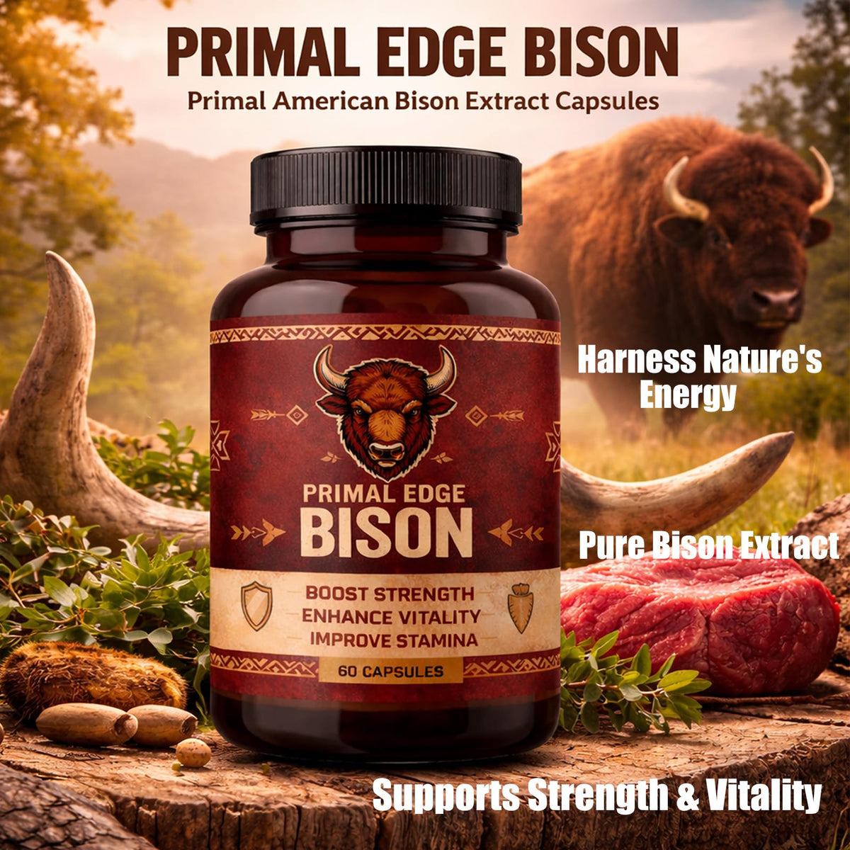 Primal Edge Biso Extrait de Bison capsules avec étiquette visible