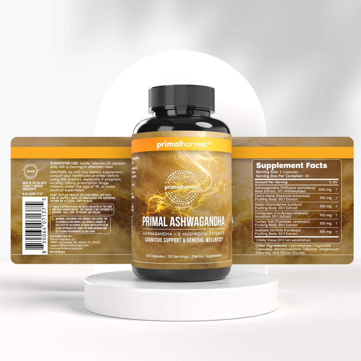 Primal Harvest Ashwagandha en situation lifestyle avec verre d'eau