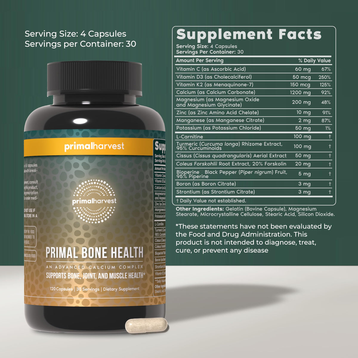Primal Harvest Complément Alimentaire Calcium Carbonate capsules avec verre d'eau
