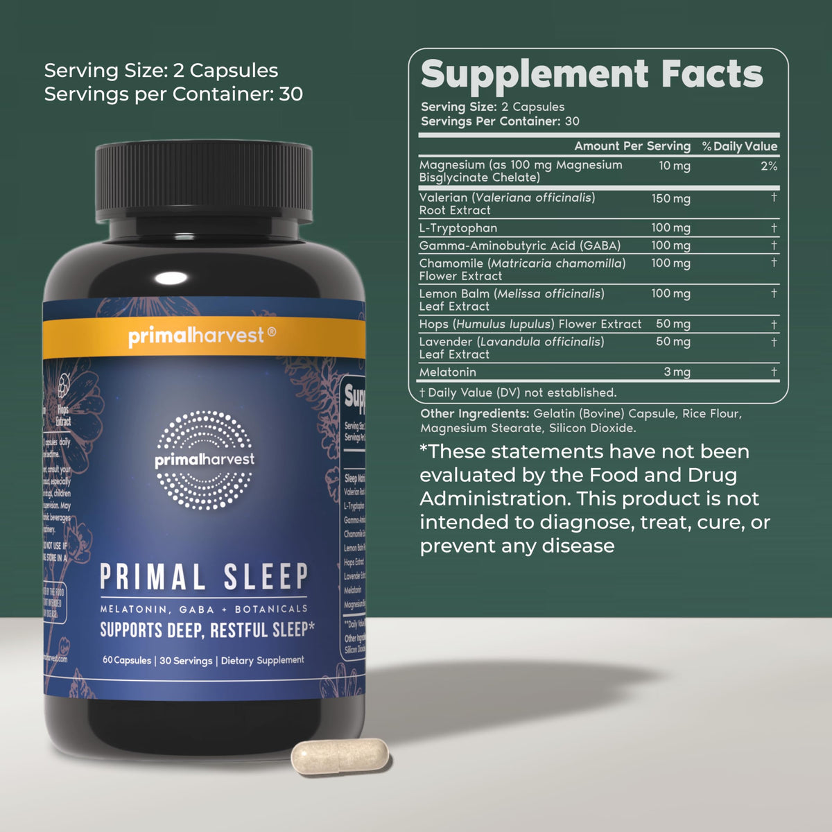 Primal Harvest Complément Sommeil 30 Capsules et étiquette