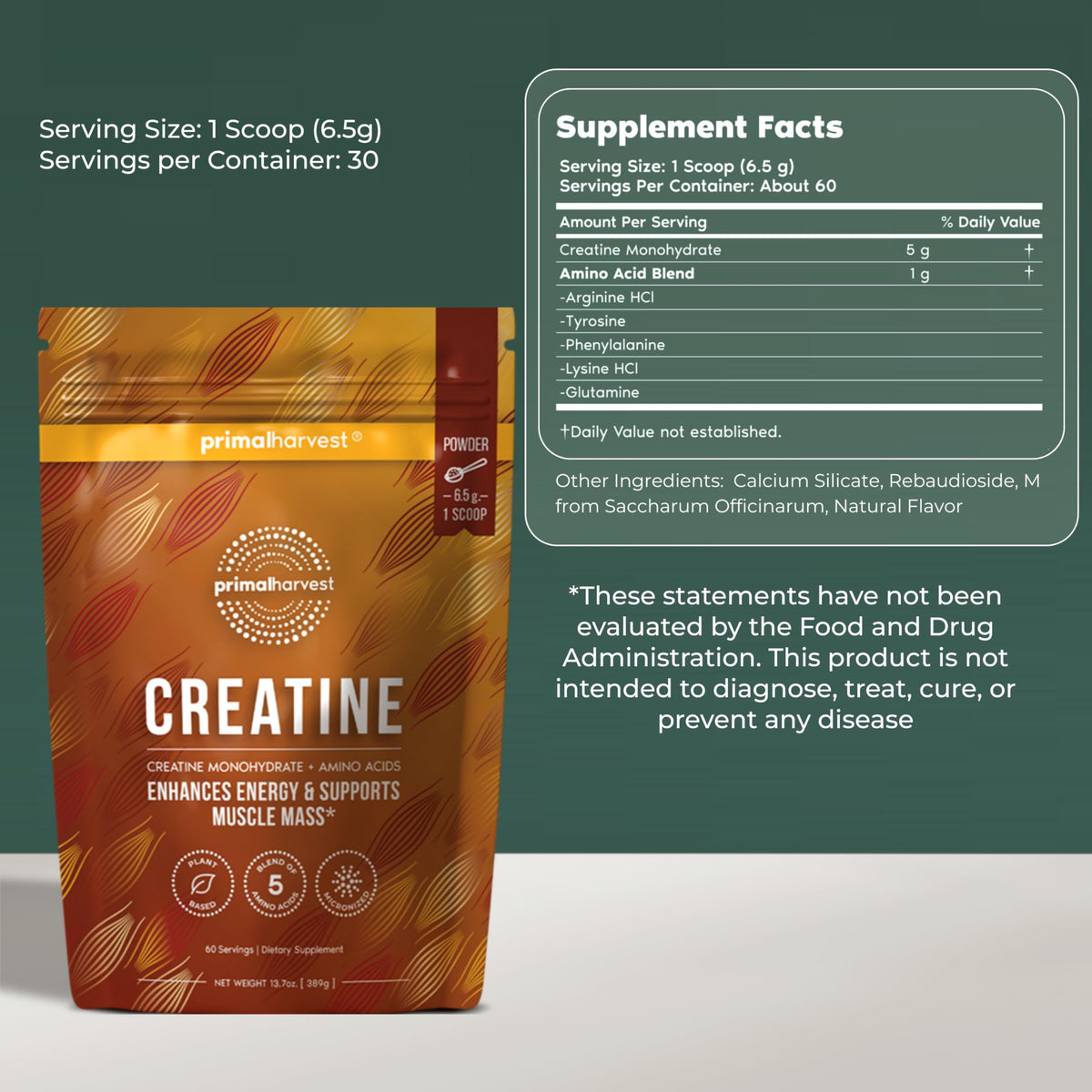 Primal Harvest Créatine Poudre Quotidienne 422g arrière du sachet