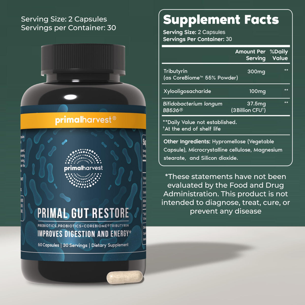 Primal Harvest Gut Restore capsules sur une table