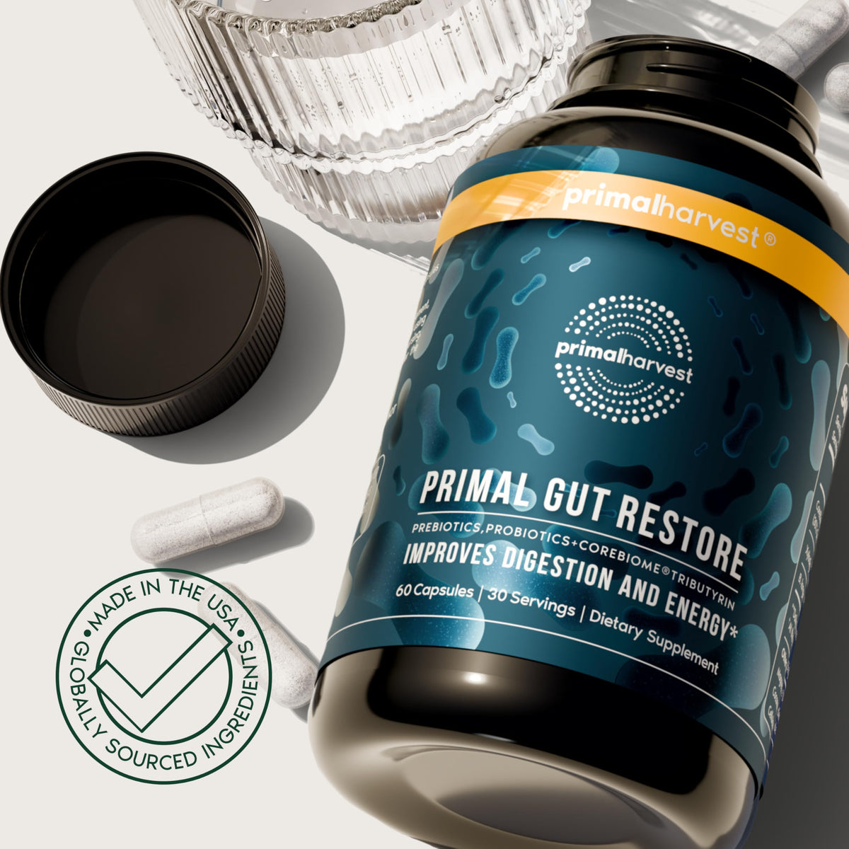 Primal Harvest Gut Restore ouvert avec capsules visibles