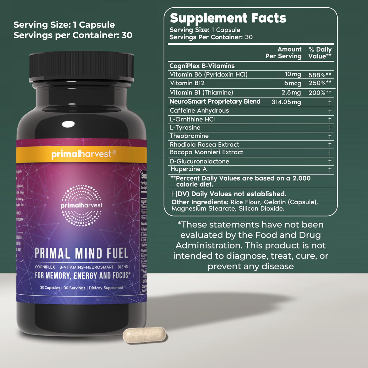 Primal Harvest Mind Fuel capsule et verre d'eau