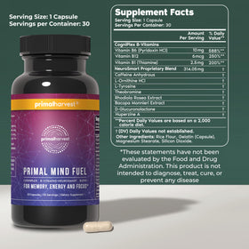 Primal Harvest Mind Fuel capsule et verre d'eau