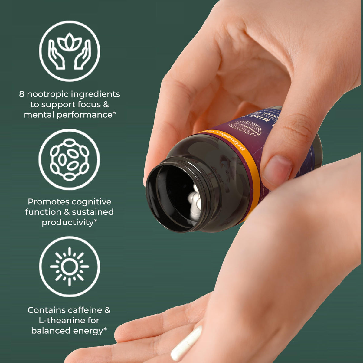 Primal Harvest Mind Fuel capsules sur une surface blanche