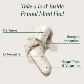 Primal Harvest Mind Fuel flacon ouvert montrant les capsules