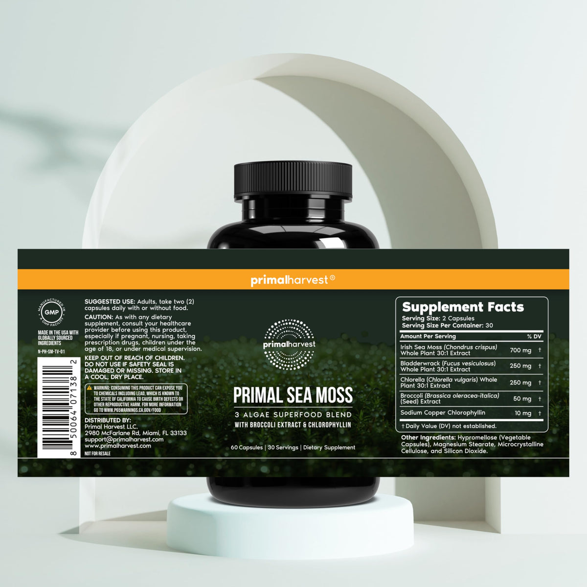 Primal Harvest Mousse de Mer bouteille ouverte montrant les capsules