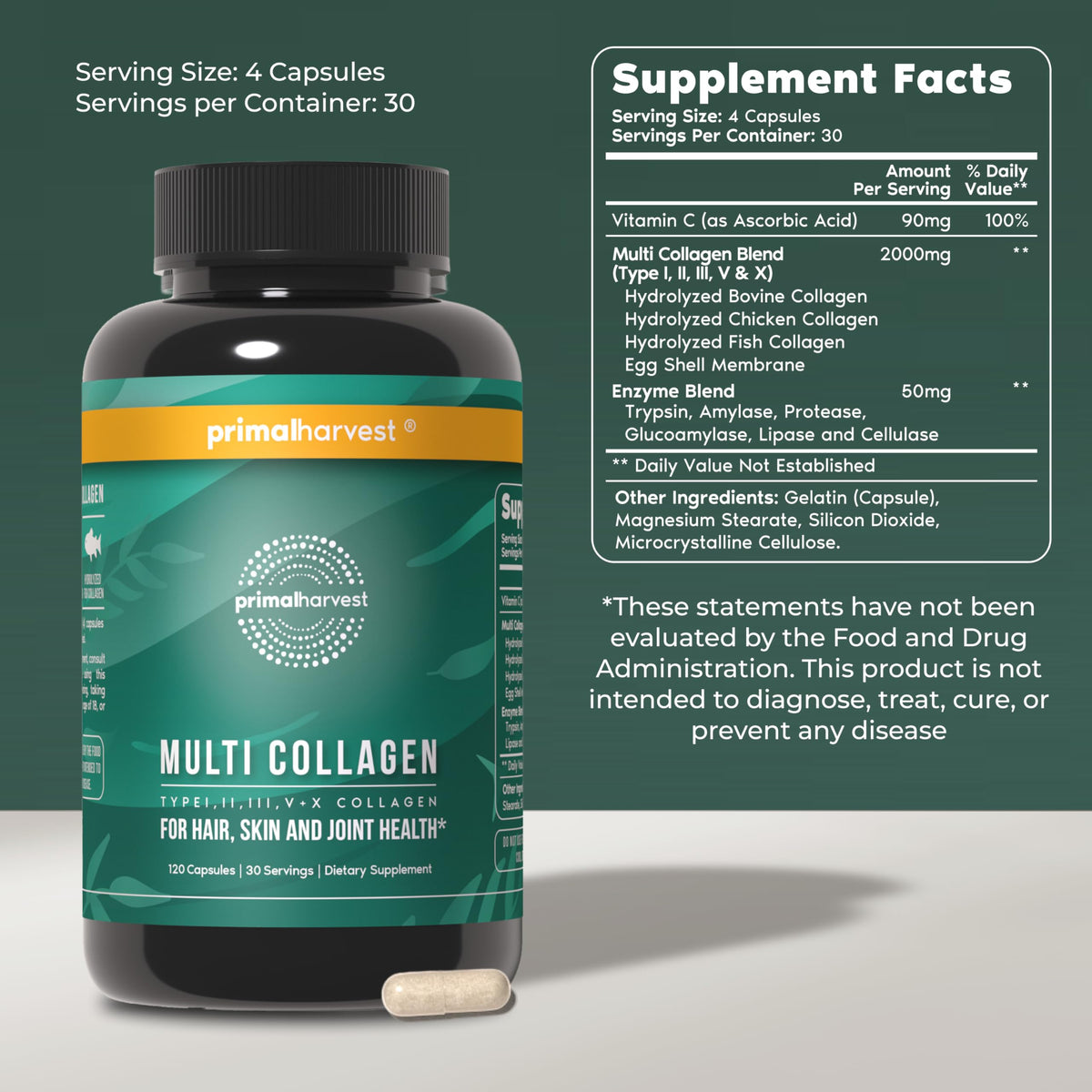 Primal Harvest Multi Collagen 30 Servings capsules sur une surface