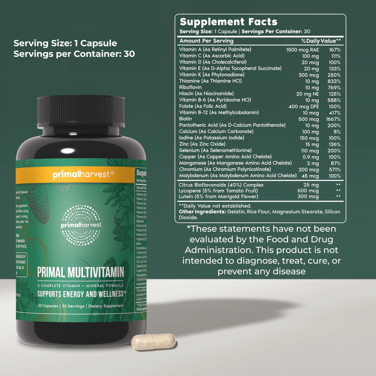Primal Harvest Multivitamin comprimés sur une surface en bois