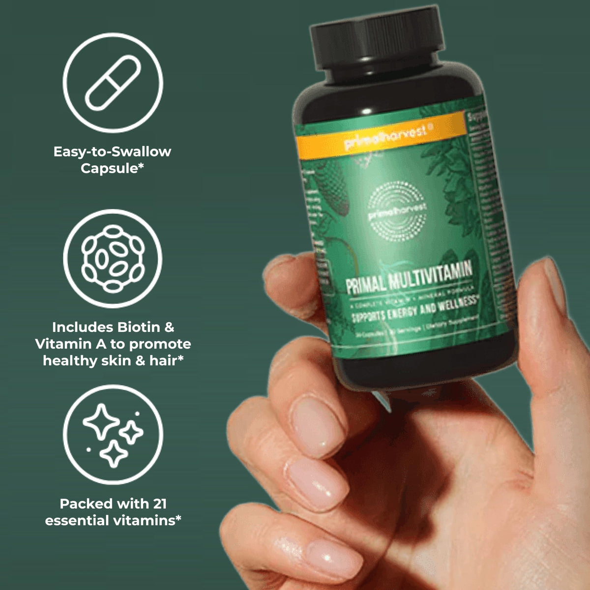 Primal Harvest Multivitamin flacon ouvert avec capsules visibles