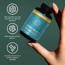 Primal Harvest Omega-3 côté du flacon avec dimensions