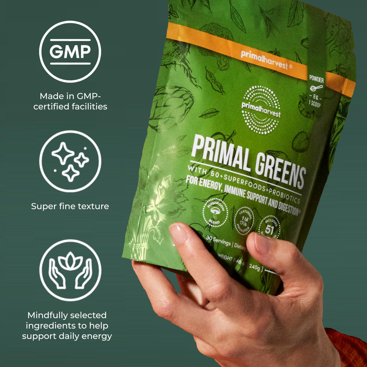 Primal Harvest Primal Greens dans un environnement de cuisine