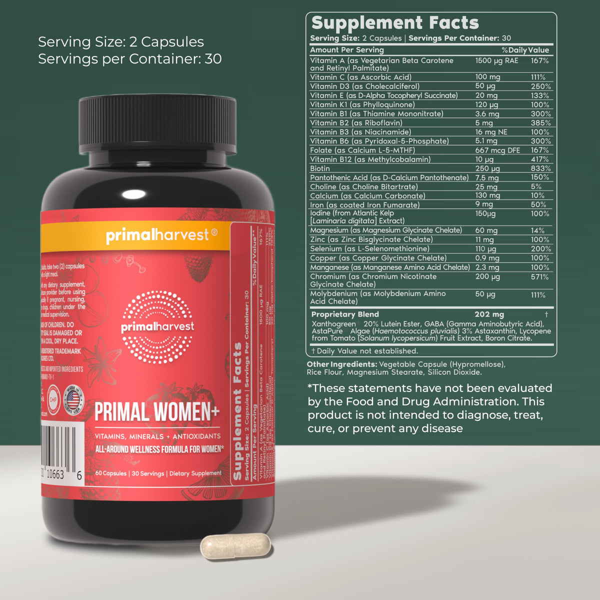 Primal Harvest Primal Womens+ capsules à côté de leur bouteille