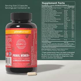 Primal Harvest Primal Womens+ capsules à côté de leur bouteille