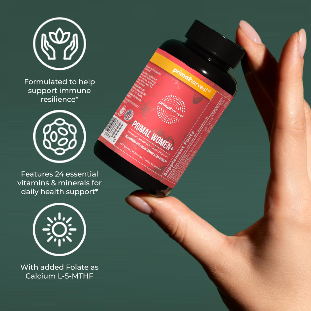 Primal Harvest Primal Womens+ capsules dans une main