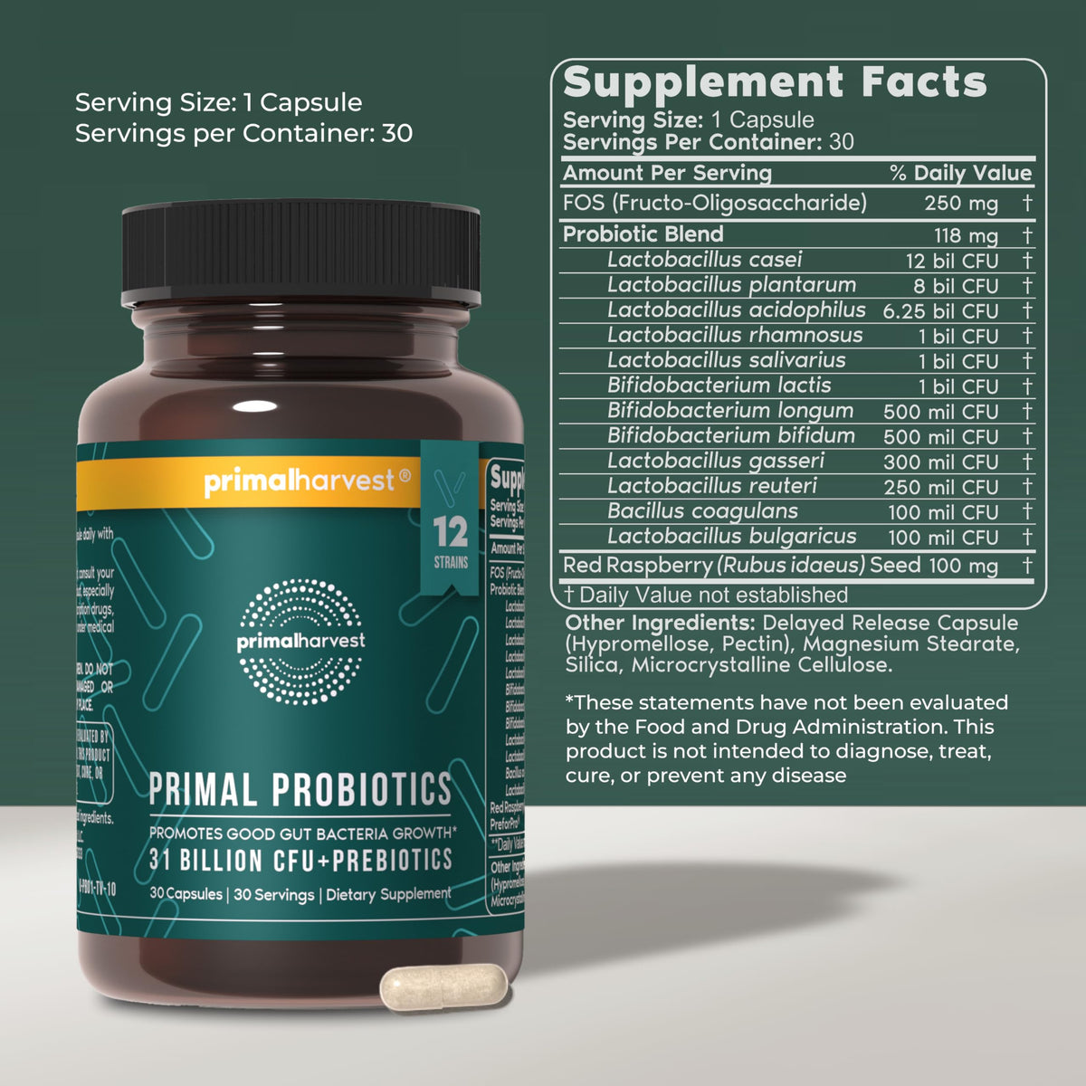 Primal Harvest Probiotic capsules sur une surface en bois