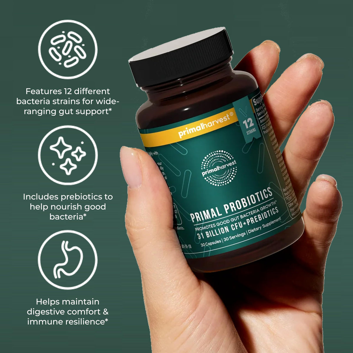 Primal Harvest Probiotic flacon avec arrière-plan naturel