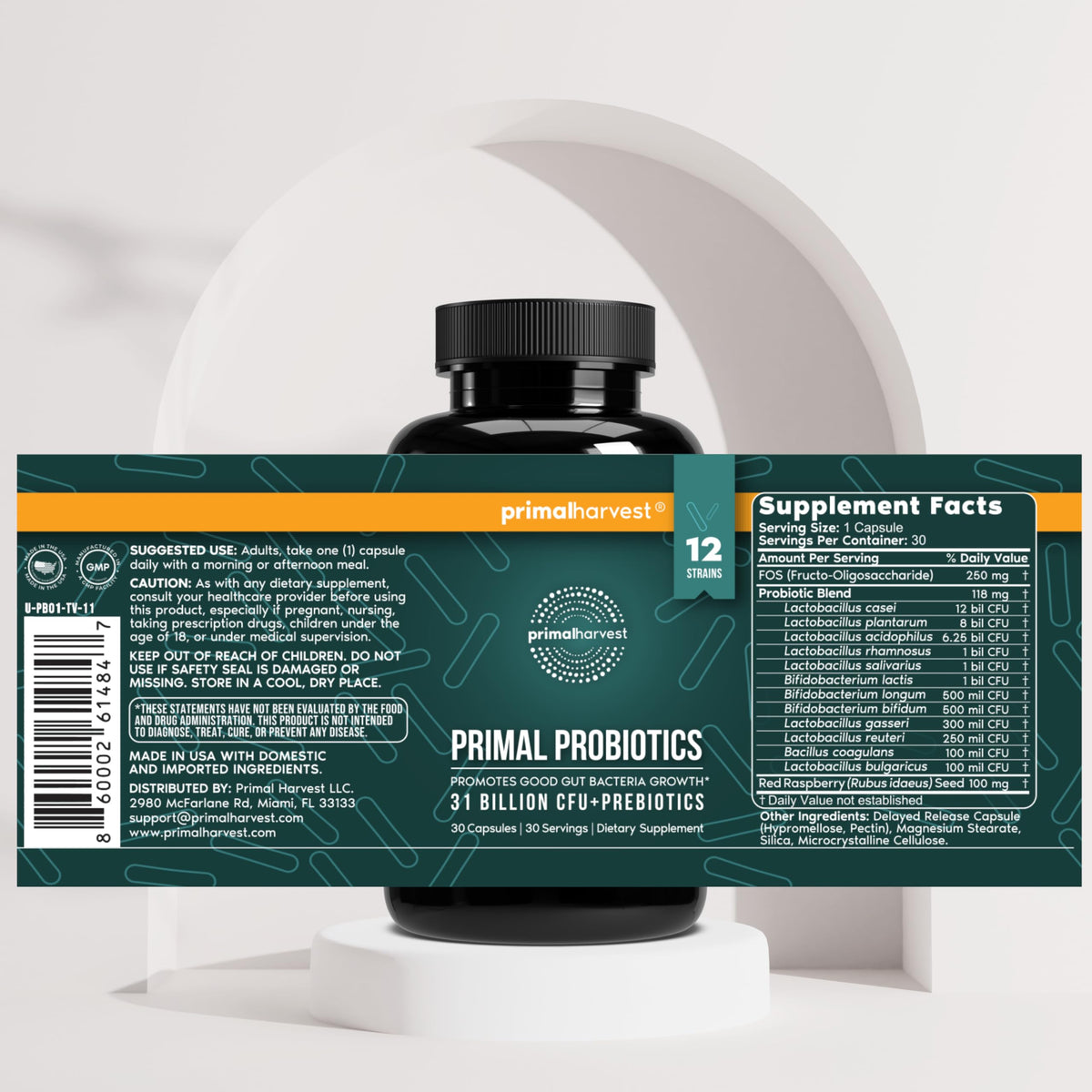 Primal Harvest Probiotic flacon ouvert montrant les capsules