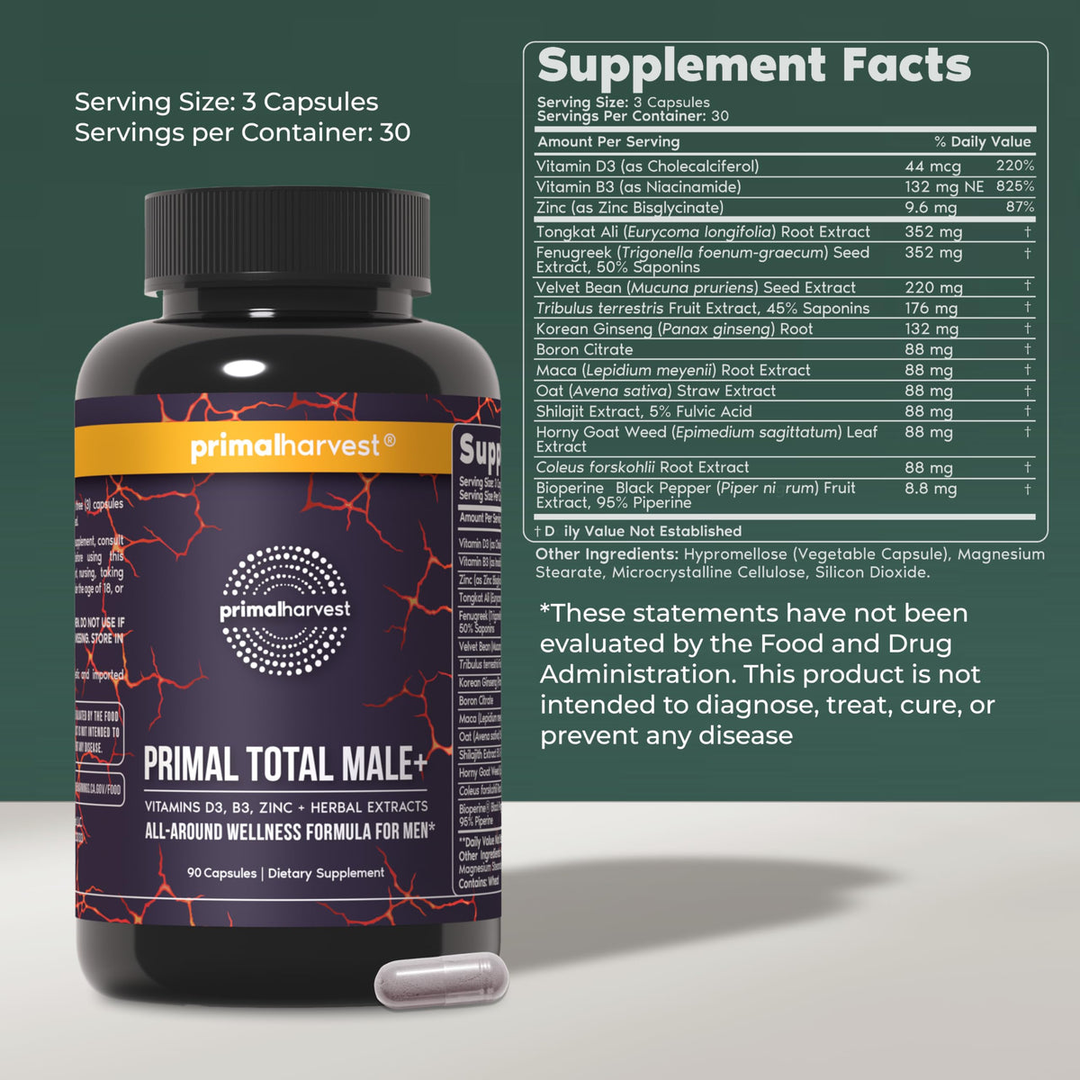 Primal Harvest Total Male+ capsules sur une surface blanche