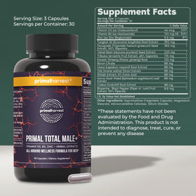 Primal Harvest Total Male+ capsules sur une surface blanche