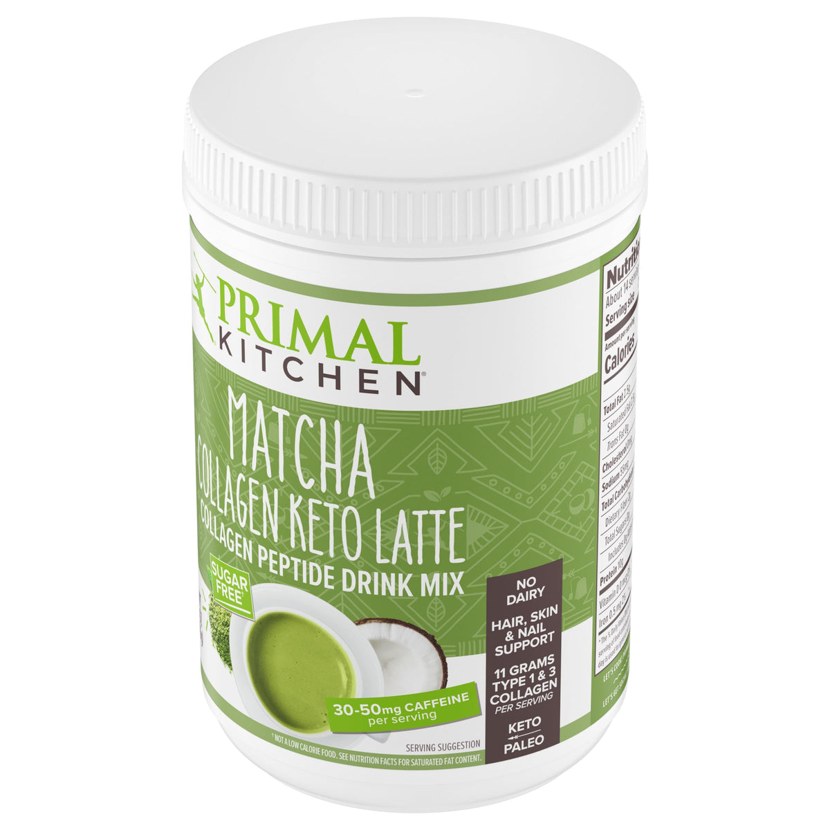 Primal Kitchen Matcha Collagen Keto Latte 340g en vue de côté