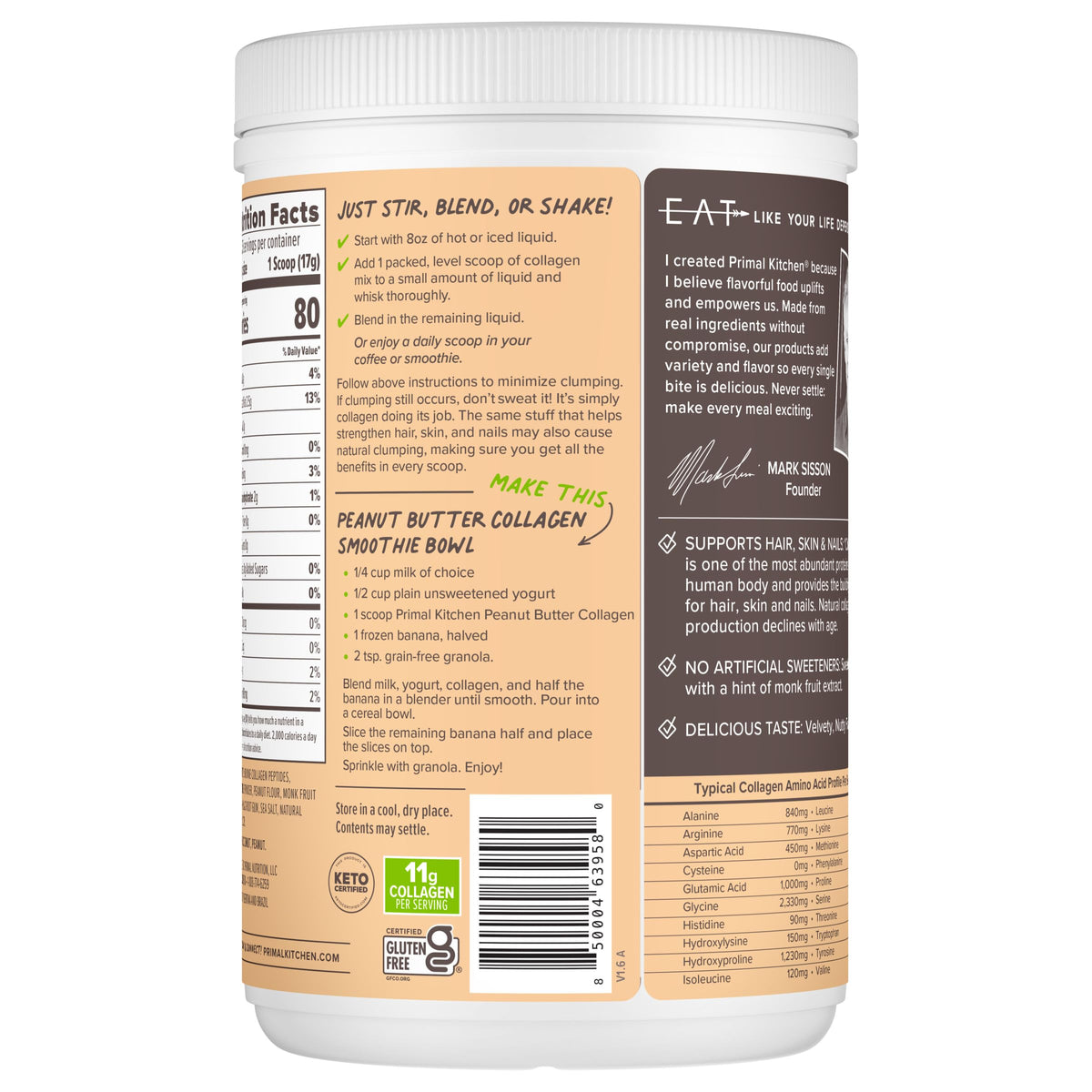 Primal Kitchen Mélange Collagène Saveur Beurre de Cacahuète en préparation de smoothie