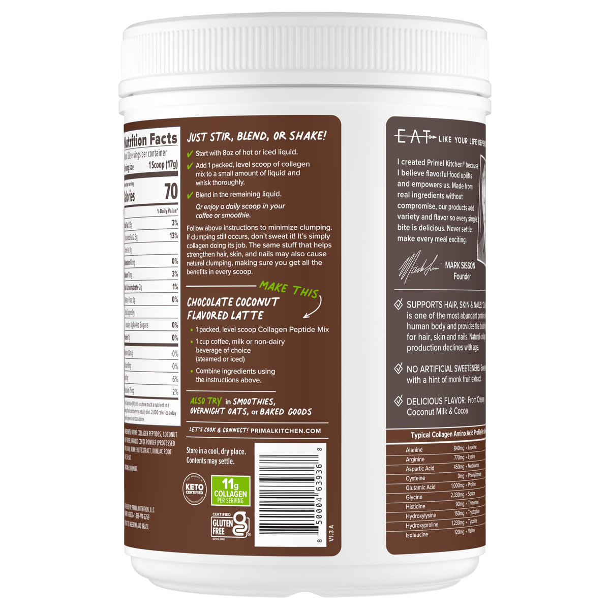 Primal Kitchen Mélange de Collagène Chocolat Noix de Coco 20 oz avec ingrédients