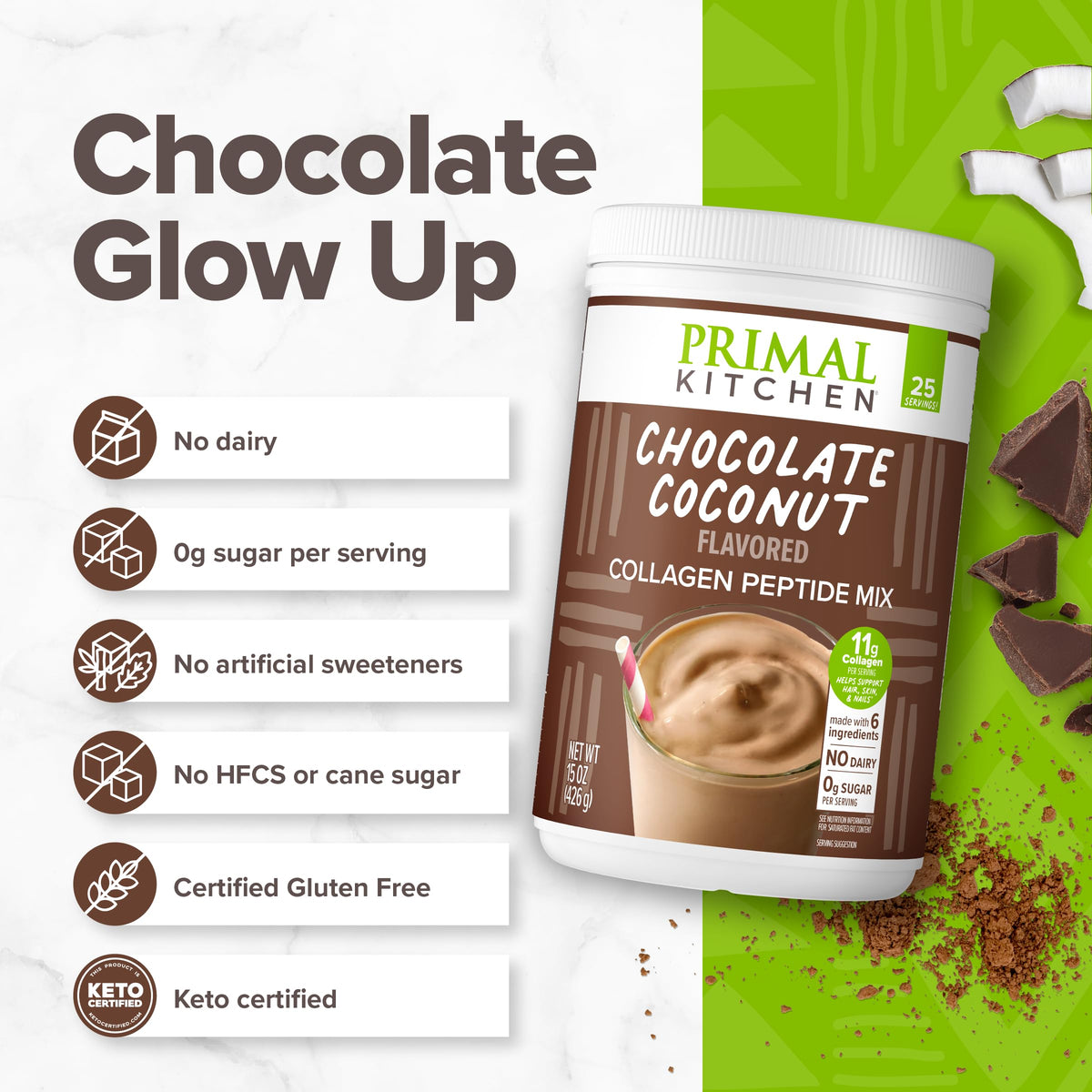 Primal Kitchen Mélange de Collagène Chocolat Noix de Coco 20 oz en poudre
