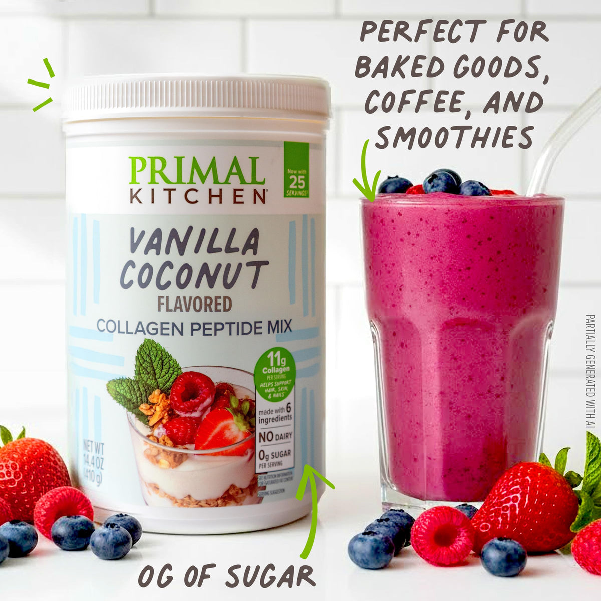 Primal Kitchen Mélange de Collagène Vanille 14,4 oz en préparation de smoothie